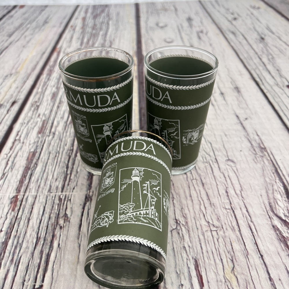 Vintage Bermuda Souvenir Glasses Set of 3 Olive Green Lighthouse Map Highball